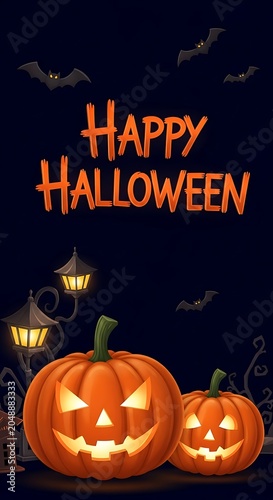 Happy halloween jack o' lanterns bats and spooky nighttime illustration