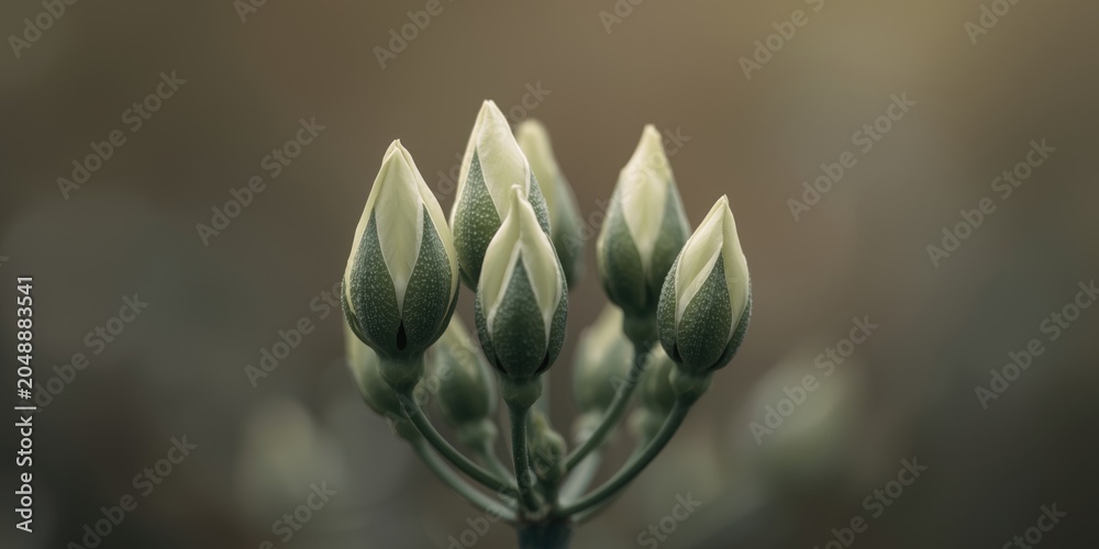 Obraz premium Natural beauty revealed through green flower buds in different growth stages framed by a mild blurred background