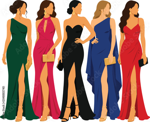Photos Ethereal Elegance: A quintet of women adorned in stunning, floor-length gowns in vibrant hues of green, magenta, black, blue, and red