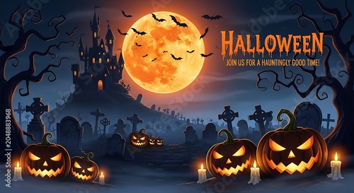 Spooky halloween scene with castle jack o' lanterns and full moon