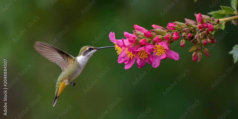 Fototapeta premium Merry hummingbird gathering nectar from blooming floral clusters