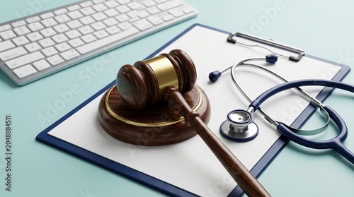 Judge gavel and stethoscope on legal documents with laptop in law and healthcare setting