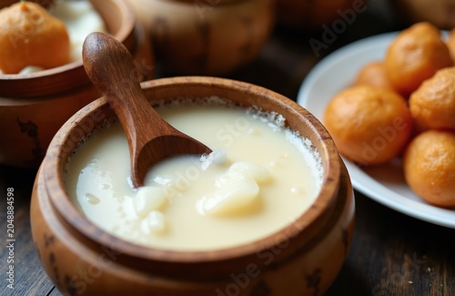 Kazakh national dish beshbarmak served in traditional wooden bowls with ornaments. Thick dough pieces float in rich broth, wooden spoon rests inside. Small fried balls are on white plate nearby.