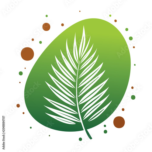 White palm leaf illustration on green abstract background with dots