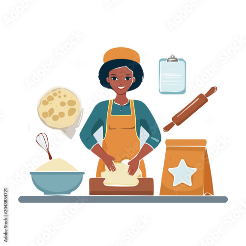 Woman baking dough with baking ingredients and tools
