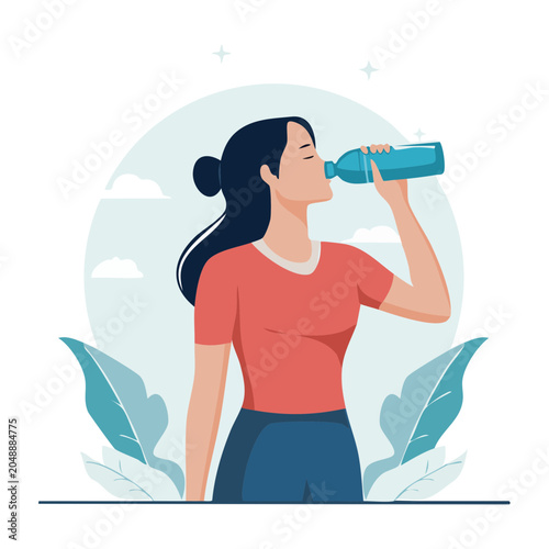 Woman drinking water from a bottle, healthy lifestyle illustration