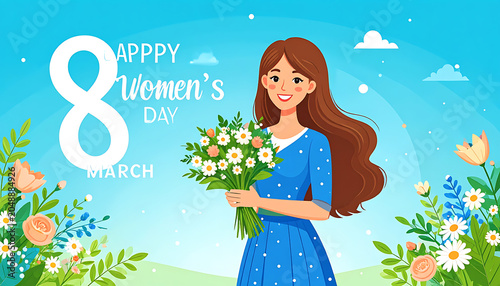 Happy Women's Day celebration with a woman holding a bouquet of flowers, spring floral background, March 8th event, joy and beauty