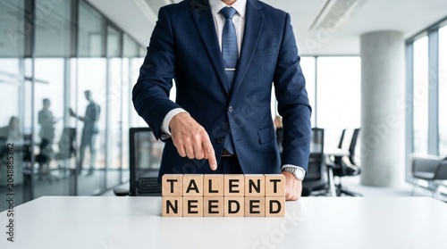 Business professional holding talent needed sign in modern office with colleagues