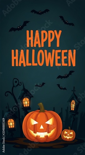 Happy halloween illustration jack o' lanterns bats and spooky haunted house scene