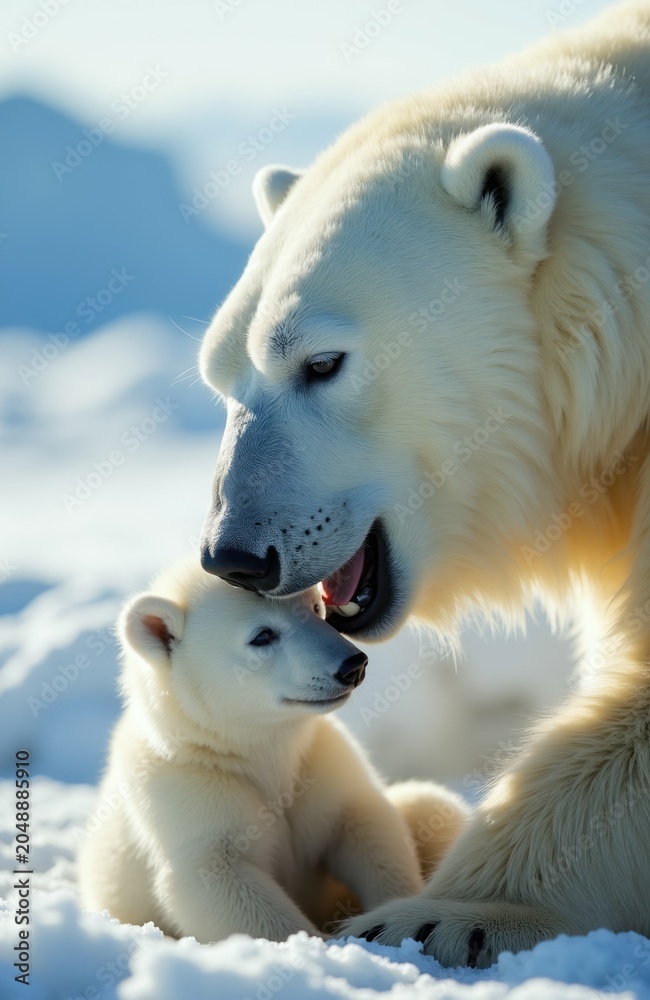 Naklejka premium Polar bear mother shows tenderness to her cub. Cute baby bear snuggles close to adult female. Wildlife scene in arctic snow landscape. Animal family bond.