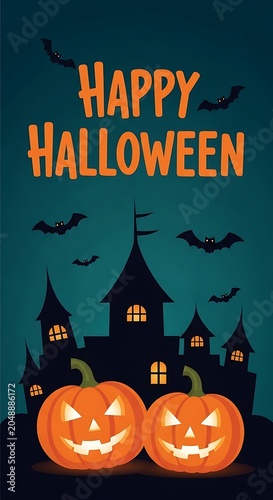 Happy halloween illustration spooky castle jack o' lanterns and bats holiday design