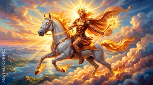 Horse and rider silhouette in a sunset field illustration