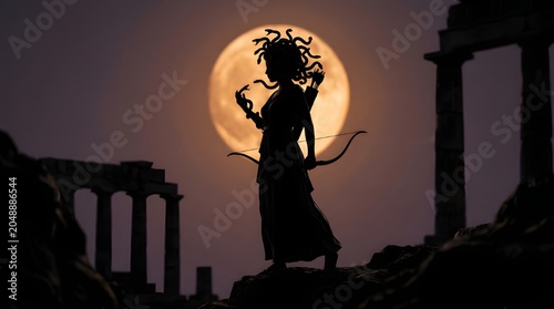 Halloween night scene with a witch flying through a spooky moonlit sky over ancient statues and silhouettes in a haunted landscape
