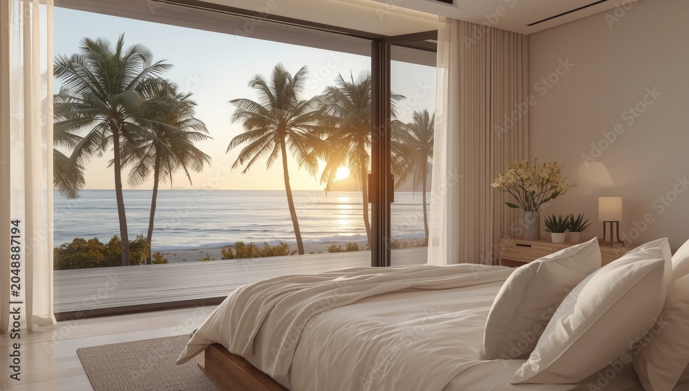 Obraz premium Inviting bedroom with tropical beach outlook, palm trees, and relaxing bedding textures