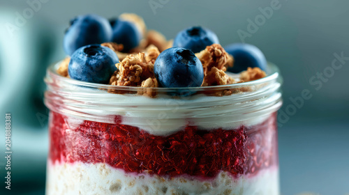 Glass jar holds layered yogurt, granola, and blueberries. Bright red raspberry layer adds vivid color contrast. Fresh blueberries sit atop, inviting and sweet. Close-up view highlights texture