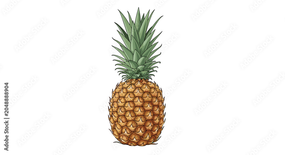 Obraz premium Detailed botanical illustration of a whole ripe pineapple with its characteristic spiky green leaves and textured yellow skin on a white background.