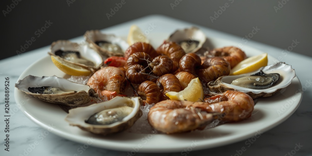 Fototapeta premium Served cold seafood plate of oysters shrimps and snails enhanced with lemon wedges