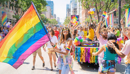 Diverse crowd celebrating Pride Month with rainbow flags in a vibrant city street