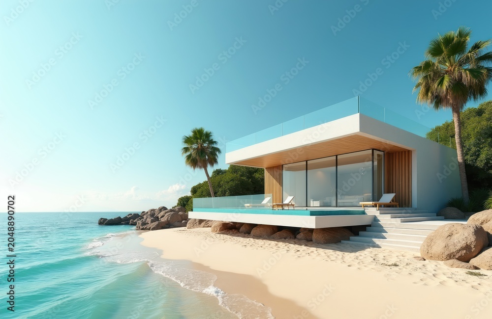 Naklejka premium Modern luxury villa on sandy beach. White house has glass walls and terrace. Ocean waves lap shore near palm trees. Relaxing tropical vacation home.