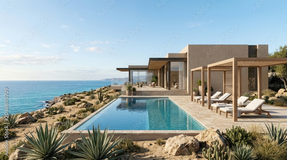 Fototapeta premium Luxury modern villa with infinity pool overlooking the ocean