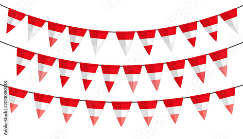 Three strings of red and white triangular bunting flags strung across a white background, festive decoration for parties and celebrations.