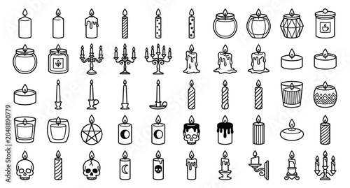 Fotografie A comprehensive vector asset sheet containing a grid collection of exactly 50 unique, individual candle black outline