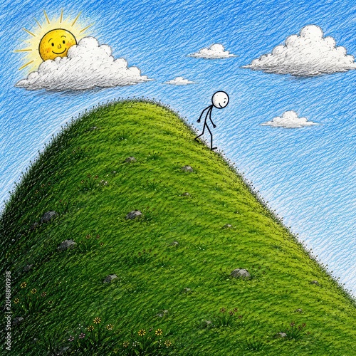 A whimsical stick figure descends a steep grassy slope, while the sun smiles warmly from behind a cloud