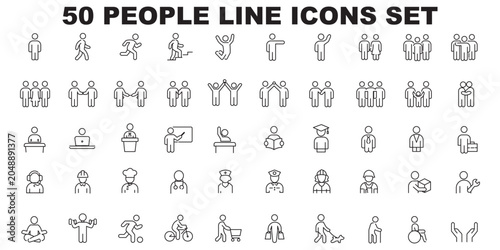People line icons set. Person walking, running, happy man, company leader, friends hugs, team group, family minimal vector illustrations. Simple outline signs. 48x48 Pixel Perfect. Editable Stroke