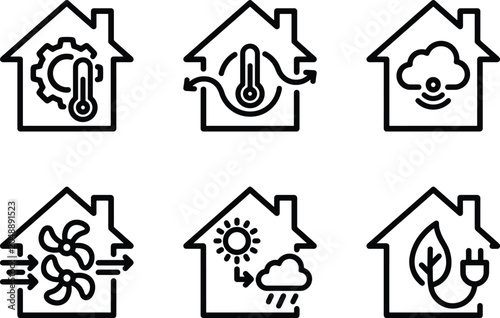 Climate control and hvac smart home icons featuring ventilation temperature management and eco energy saving sensor systems.