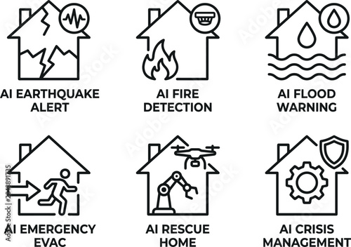 Emergency management house icons including earthquake alert fire detection flood warning and rescue automation residence safety.