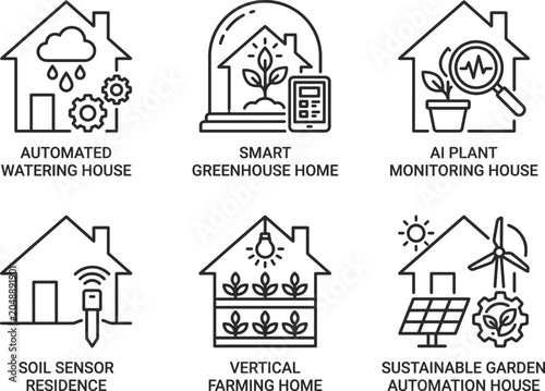 Automated gardening house icons featuring smart greenhouse soil sensor vertical farming and sustainable automation systems design.