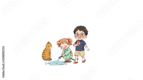 Children playing with cartoon dog and cat on colorful rug Vector