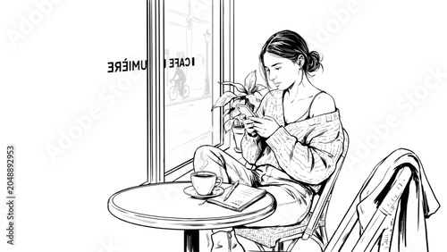 Person reading book while sitting on a chair near a window with curtains Vector