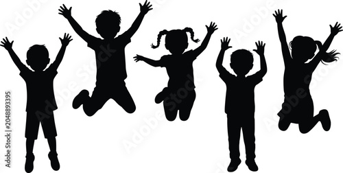 Slika na platnu Silhouette illustration of children jumping with raised arms, expressing joy, en