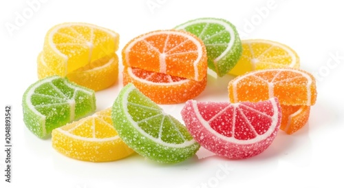 A collection of colorful citrus gummies sits on a white surface. The gummies are shaped like slices of oranges, lemons, limes, and grapefruits.