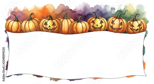 Halloween jack o' lanterns with blank banner watercolor illustration for festive designs