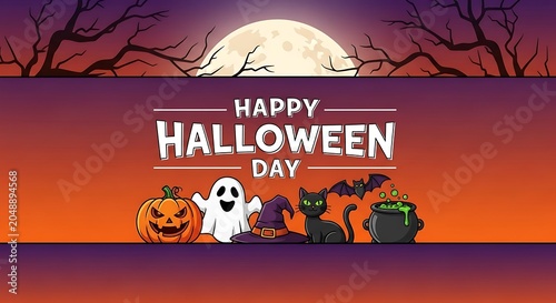 Happy halloween day banner spooky pumpkins ghosts and witch's brew illustration