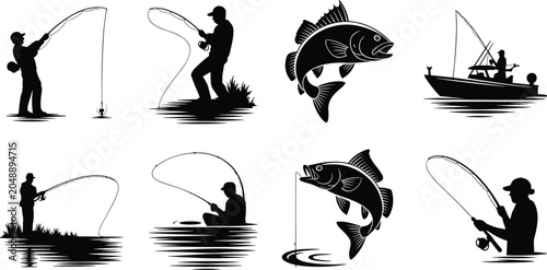Εκτύπωση καμβά Collection of fishing silhouette illustrations showing anglers, boats, and fish