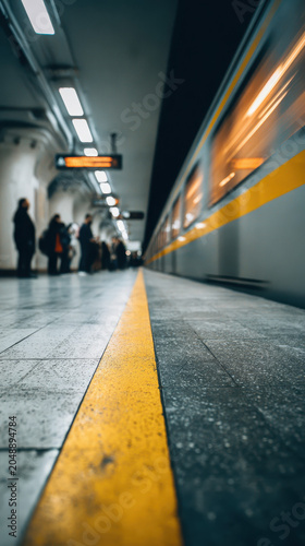 Blurred motion train arriving at underground station platform with waiting passengers