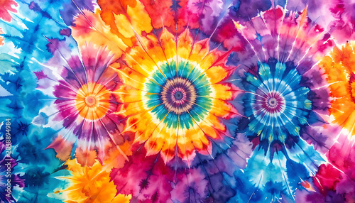 vibrant tie dye pattern with colorful floral or sunburst swirls, abstract psychedelic background, groovy 1960s aesthetic