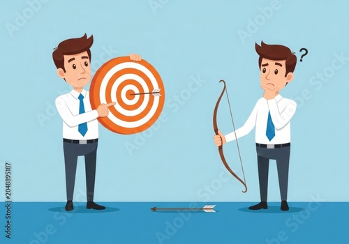 Two businessmen with confused expressions, one holding a target with an arrow in the bullseye and the other holding a bow and arrow on a blue background