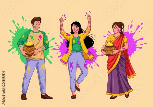 People celebrating holi festival with colorful powder and joyful expressions on a beige background