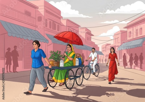Illustration of people walking and riding bicycle on a pink street with vendor cart