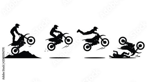 Tableau sur toile Motocross stunt progression silhouette showing a rider jumping, performing a sup