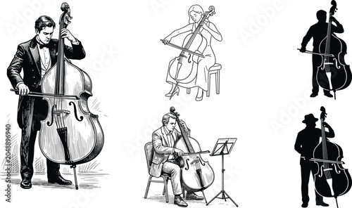 Foto Double bass player and cellist vector set classical musician detailed engraving