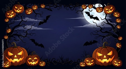 Halloween night scene with jack o' lanterns bats and full moon