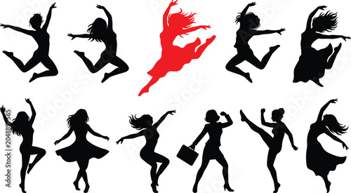 Bild auf Leinwand Set of active female silhouettes dancing jumping and celebrating with one distin