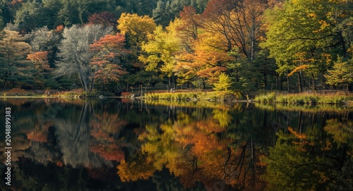 Peaceful water reflection with trees and vibrant autumn colors under natural light