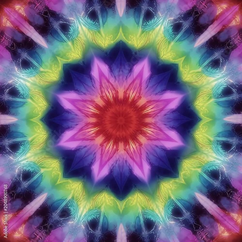 Vibrant symmetrical mandala in rainbow hues — hypnotic harmony, spiritual balance, and visual embodiment of meditation