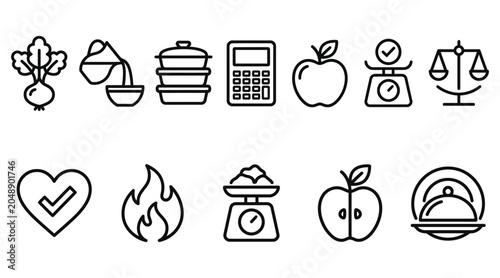 Fényképezés Set of healthy food and diet icons, including vegetable, cooking, calculator, fr